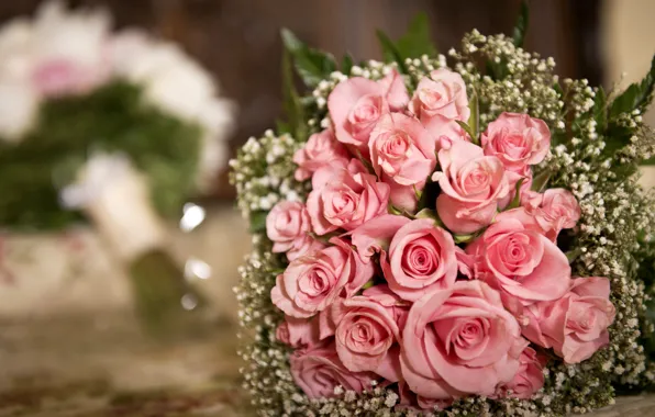 Picture leaves, flowers, roses, bouquet, pink