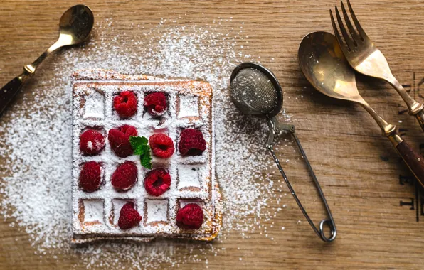 Berries, raspberry, dessert, waffles, sweet, powdered sugar