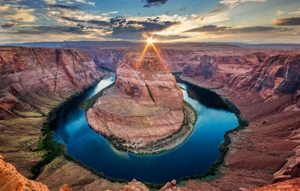 Picture the sky, the sun, clouds, rays, river, Colorado, canyon, AZ