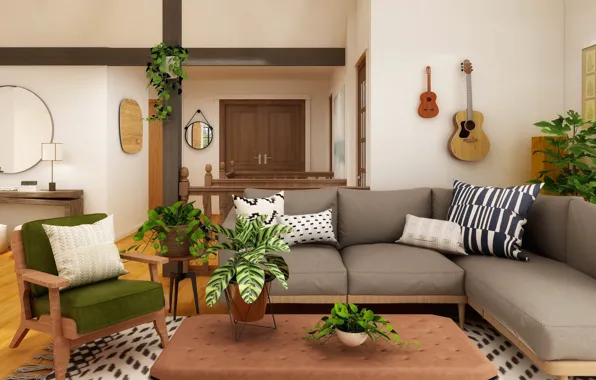 Sofa, guitar, chair, mirror, pillow, cozy, country style, plants