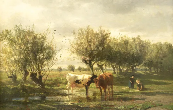 Picture Albertus Gerardus Builders, picture, Cows in a puddle, oil, 1865, Albert Gerard Bilders, landscape