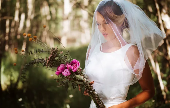 Flowers, bouquet, the bride, veil, wedding, bokeh, Olya Alessandra, Andreas-Joachim Lins