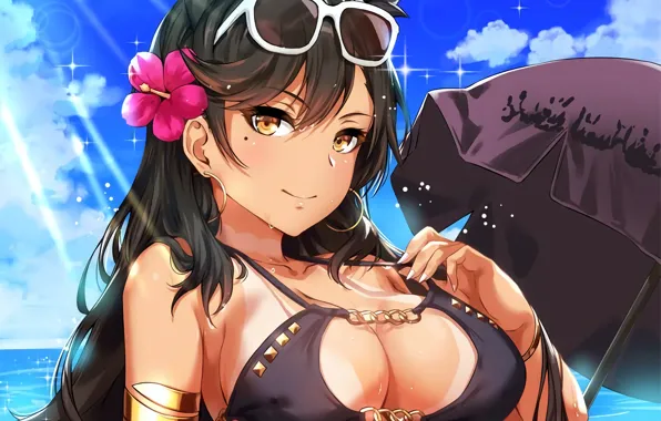 Girl, sexy, cleavage, long hair, sea, boobs, anime, water