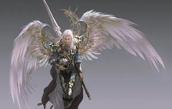 Wings, sword, armor, warrior, helmet, cloak, grey background, Archangel