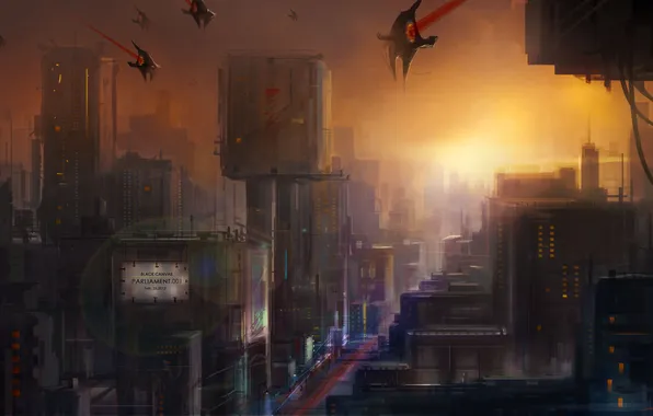 Sunset, the city, future, transport, ships, art, cloudminedesign
