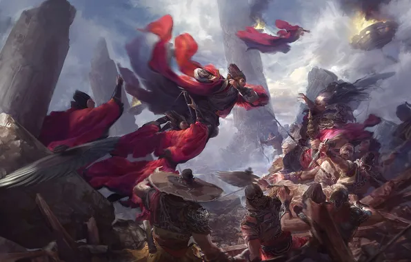 Fog, weapons, fire, ruins, Art, warriors, fight