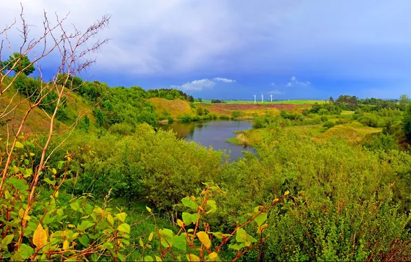 Picture the sky, grass, trees, clouds, nature, river, the bushes, generator