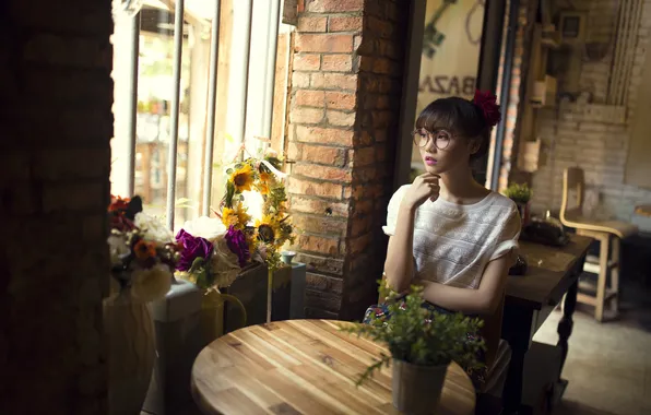 Look, flowers, window, glasses, table, Oriental girl