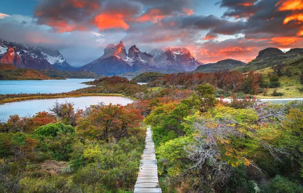 Clouds, Mountains, Lake, Chile, Torres del Paine, Parks