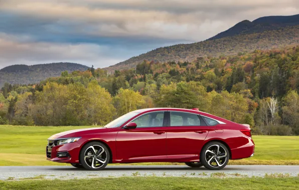 Red, Honda, Accord, sedan, 2018, in profile, four-door, 2.0T Sport