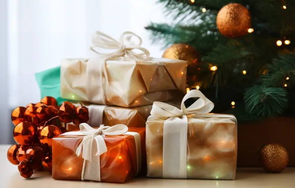Balls, branches, Shine, lights, Christmas, gifts, red, New year