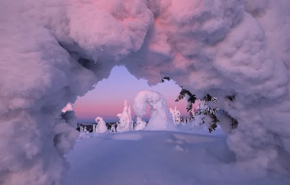 Winter, snow, trees, landscape, nature, dawn, Finland, Maxim Evdokimov