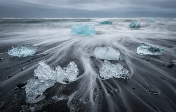 Winter, sea, wave, clouds, pebbles, overcast, shore, ice