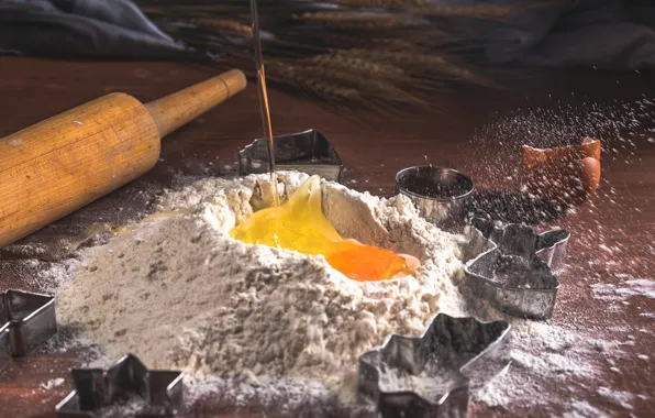 Table, egg, kitchen, ears, shell, the yolk, cereals, broken