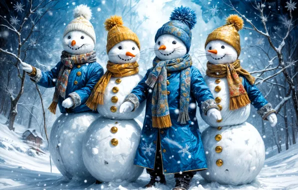 Snow, New year, buttons, snowmen, caps, scarves, jackets