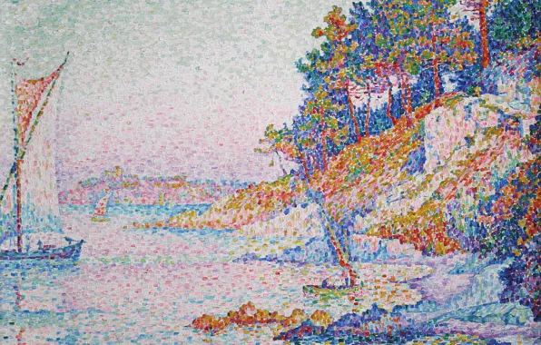 Picture landscape, boat, picture, sail, Paul Signac, pointillism, Saint-Tropez. Kalanki