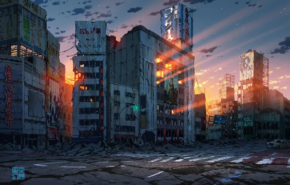 Auto, sunset, Japan, Tokyo, ruins