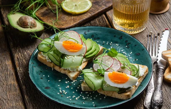 Glass, table, Board, eggs, Breakfast, plate, bread, knife