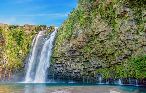 Greens, the sky, rocks, waterfall, Sunny