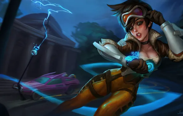Back to the Future, Tracer, overwatch, game art, Junica Hots, Tracer in the future