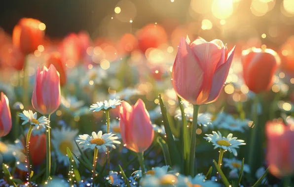 The sun, rays, light, flowers, chamomile, spring, garden, tulips