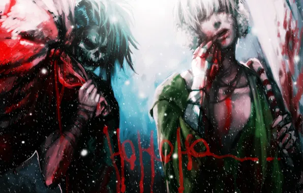 Picture snow, the inscription, blood, skull, new year, Christmas, anime, art