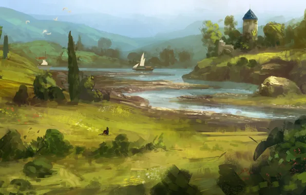 Greens, cat, grass, river, art, painted landscape