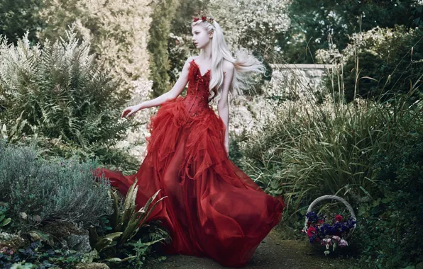 Picture girl, pose, style, mood, garden, red dress, Princess, long hair