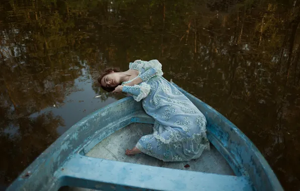 Girl, nature, pose, lake, pond, retro, boat, lies
