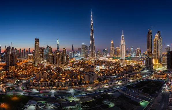 Night, the city, lights, view, building, tower, height, skyscrapers