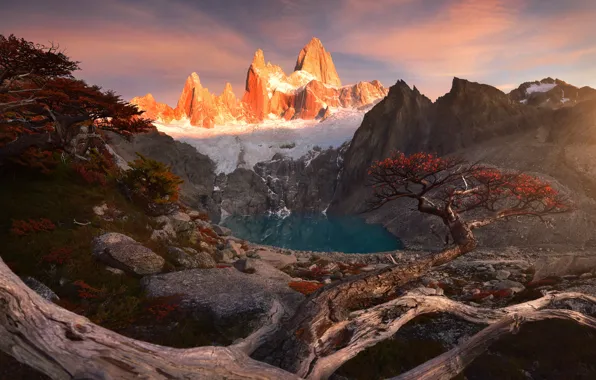 Mountains, lake, rocks, Patagonia, trees.autumn