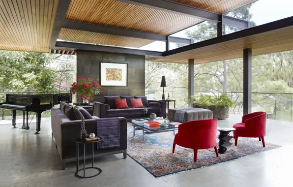 Picture interior, piano, living room, Mexican treehouse