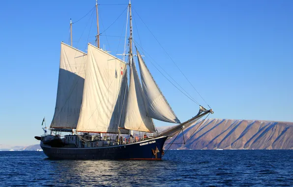 The ocean, coast, ship, sailboat, Greenland, Greenland
