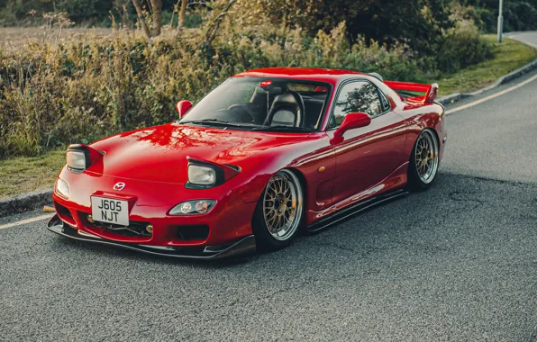 Road, car, machine, grass, tuning, Mazda, drives, red car