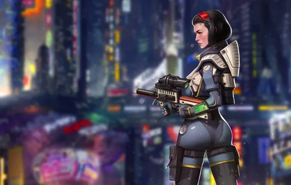 Girl, The city, Future, Neon, Girl, Costume, Weapons, Art