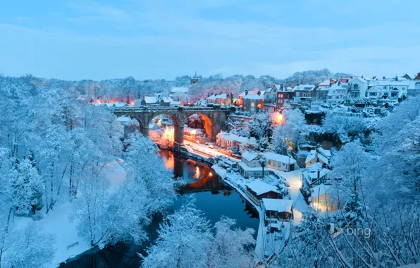Picture winter, snow, landscape, bridge, lights, river, England, home