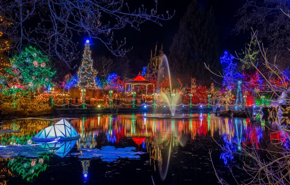 Night, lights, pond, Park, reflection, new year, Christmas, garland