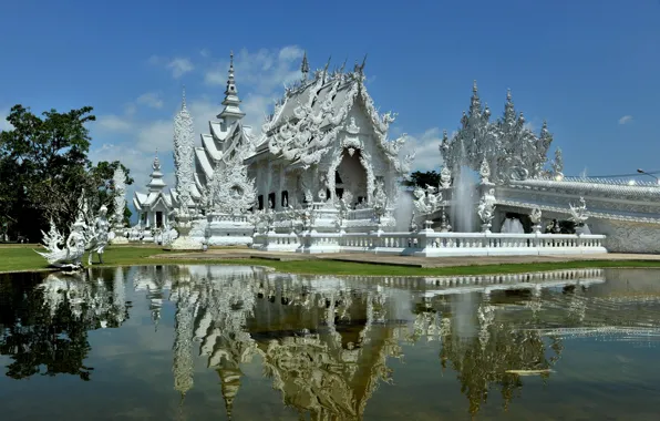 White, water, reflection, Thailand, temple, architecture