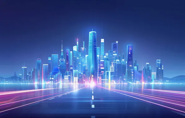 Picture city, skyline, blue, illustration, AI art, light streaks, VirTual