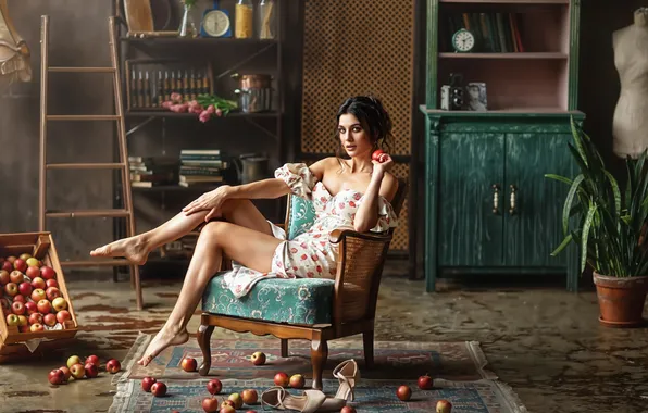 Girl, pose, apples, chair, brunette, legs, Hope, Anastasia Barmina