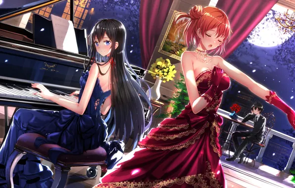 Picture look, night, smile, girls, the moon, dress, piano, costume, blush, guy, art, swordsouls, yuigahama Yui …