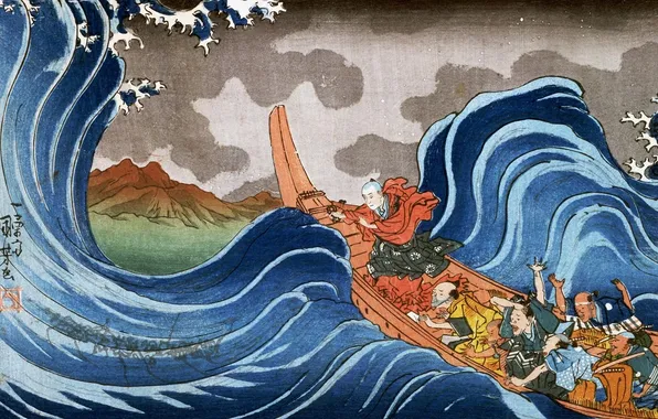 Boat, wave, mountain, picture, characters, painting, Asians