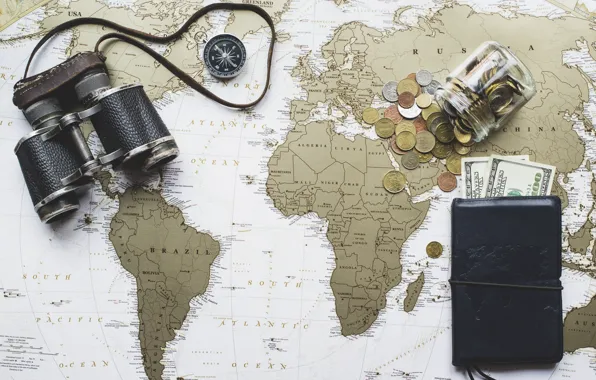 Map, money, binoculars, dollars, world map, detail, purse