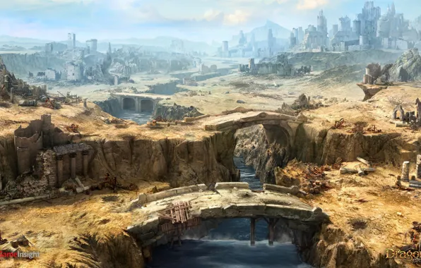 Mountains, the city, river, building, devastation, bridges, buildings, dragon eternity