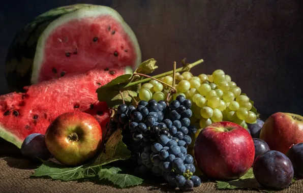 Berries, apples, watermelon, grapes, fruit, still life, plum