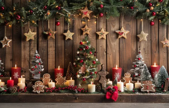 Stars, balls, berries, toys, Board, men, candles, Christmas