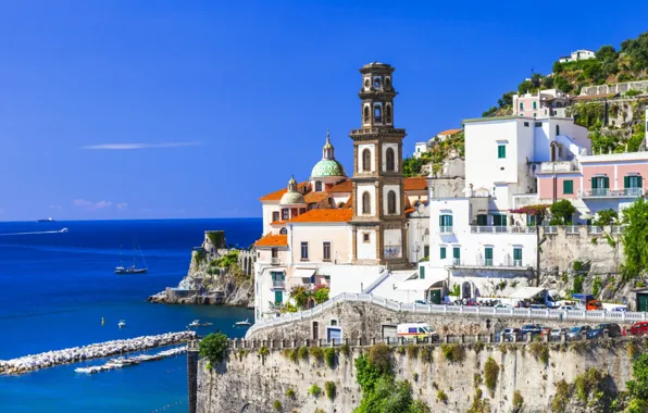 Sea, tower, home, Italy, Amalfi, Atrani, Salerno