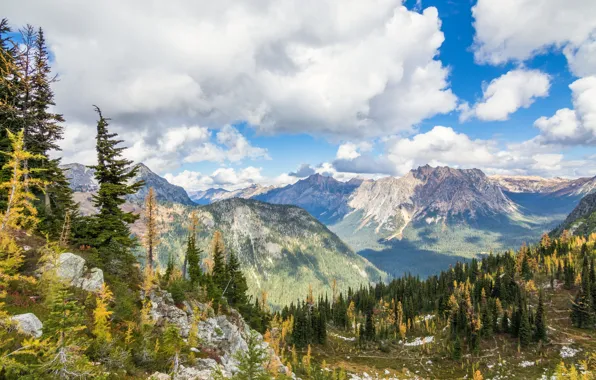 Picture the sky, clouds, trees, landscape, mountains, nature, beauty