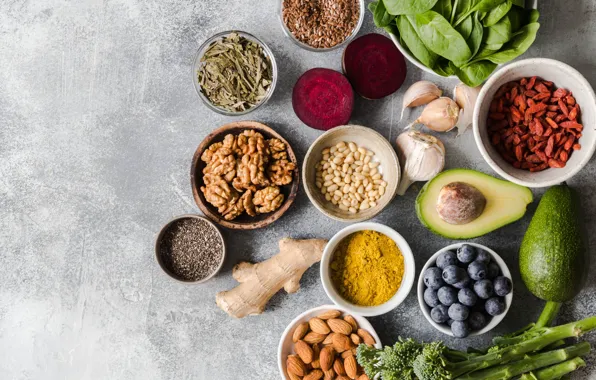 Greens, berries, background, blueberries, nuts, seeds, a lot, different