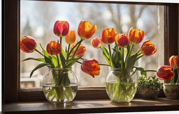 Glass, leaves, water, light, flowers, bouquet, plants, spring